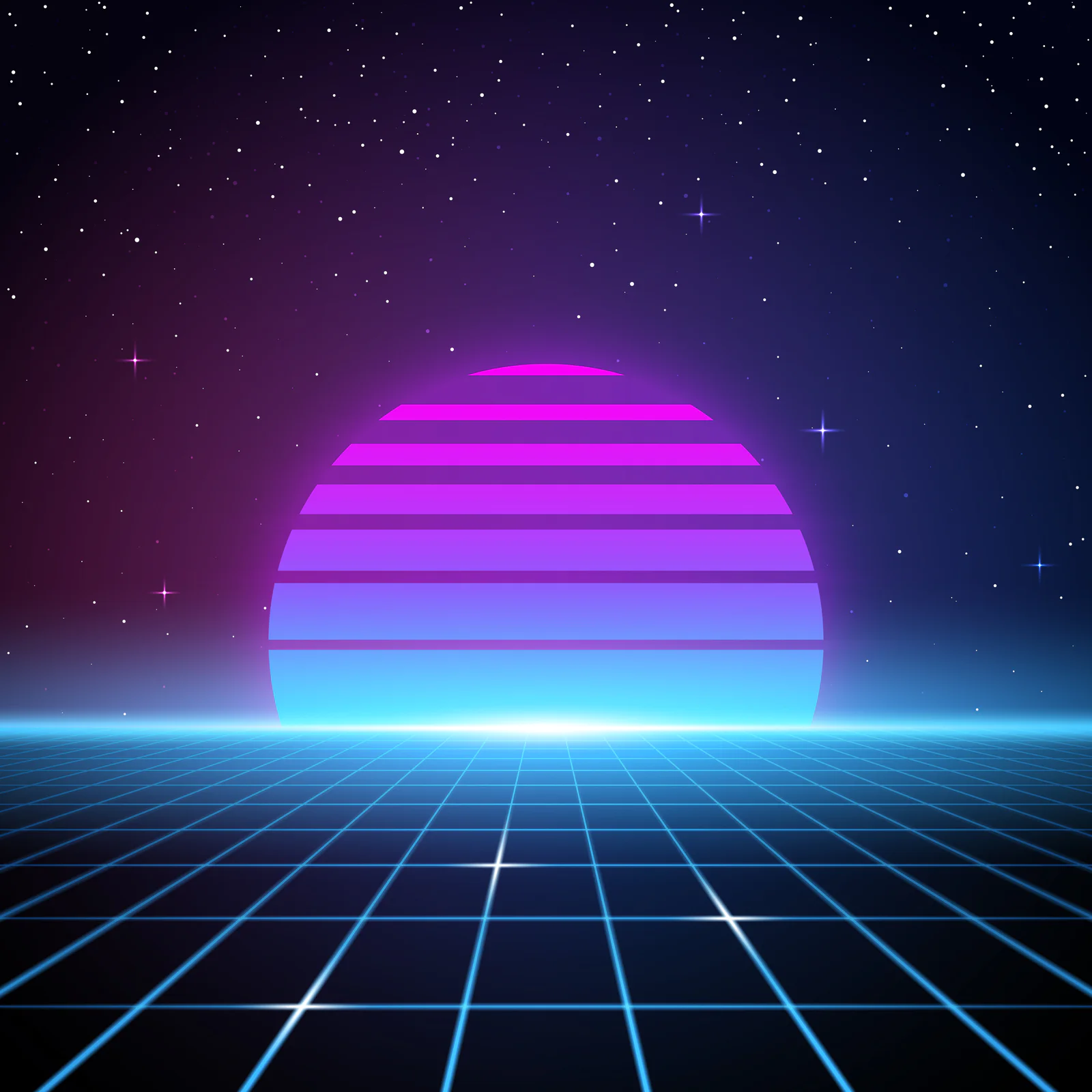 A retro-futuristic style background, emulating science fiction movies from the 1980s. Glowing grid lines flow up towards a retro striped sun or planet looming on the horizon beneath the stars and night sky. With the current revival of 80s design styles, this is an ideal design element for your 80s themed party, poster or design project. All elements of this vector illustration are grouped onto clearly labelled layers within the EPS10 file making it easy for you to edit and customize to suit your needs.