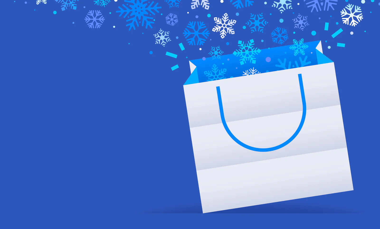 Happy Holidays Merry Christmas winter snow snowflake blue opening gift bag present background.