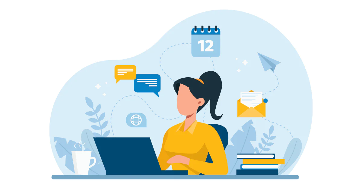 Illustration of a woman at a desk using a laptop, surrounded by chat bubbles, calendar, and email icons.