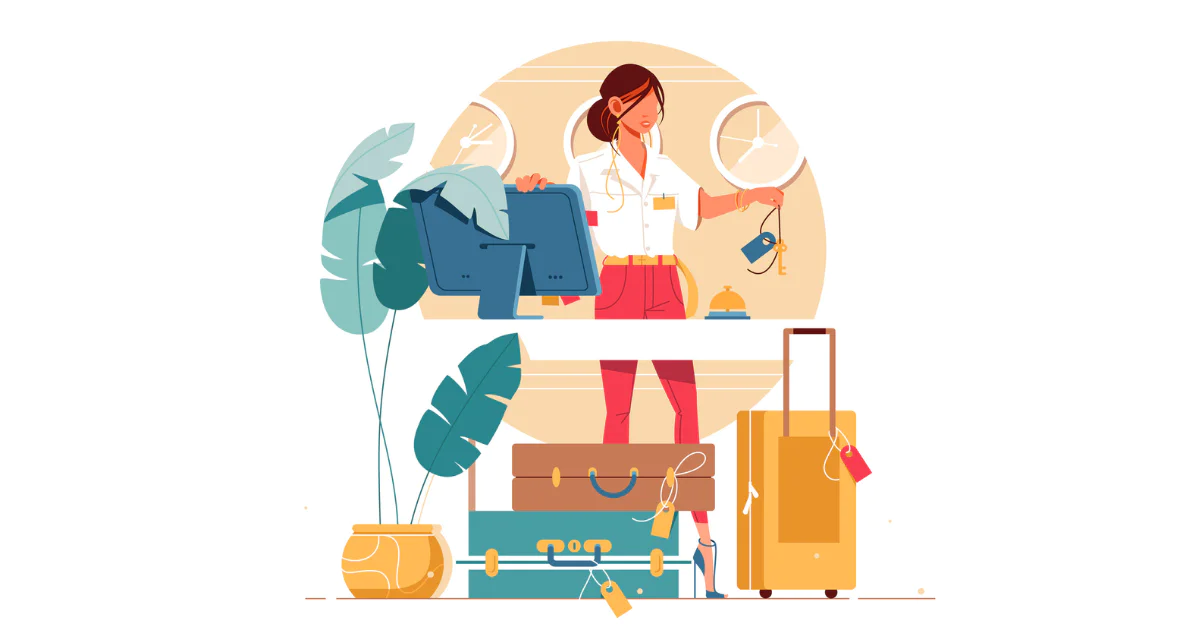 Illustration of a woman packing luggage with various suitcases and bags around her.