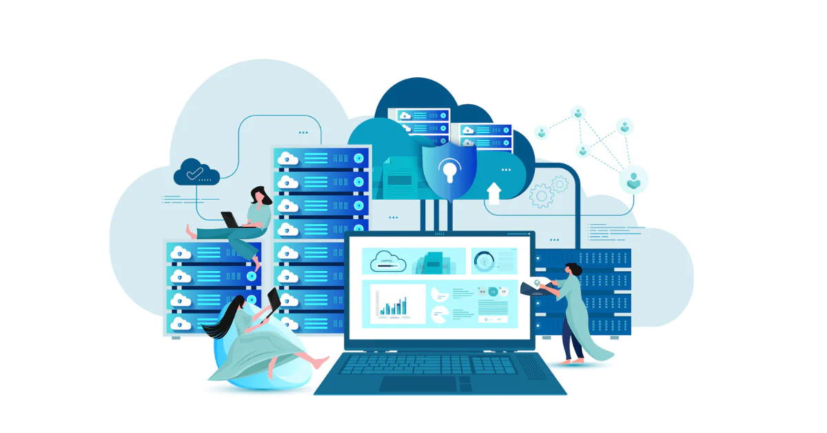 Illustration of people interacting with cloud servers and a laptop showing data analytics.