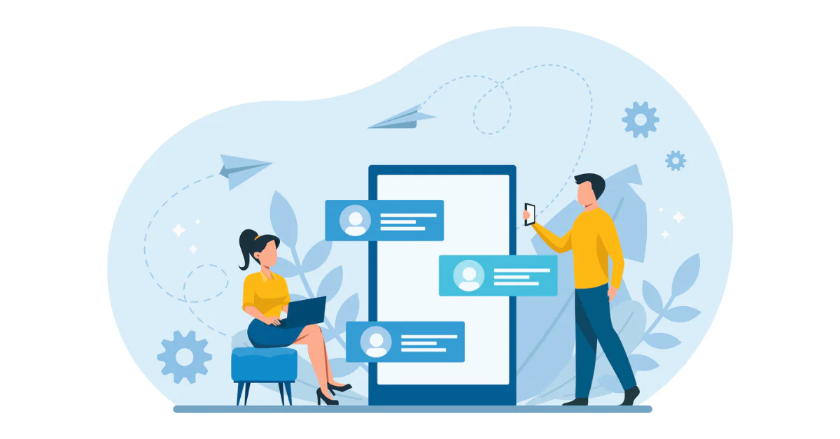 Illustration of two people engaging in communication via large mobile device with chat bubbles.