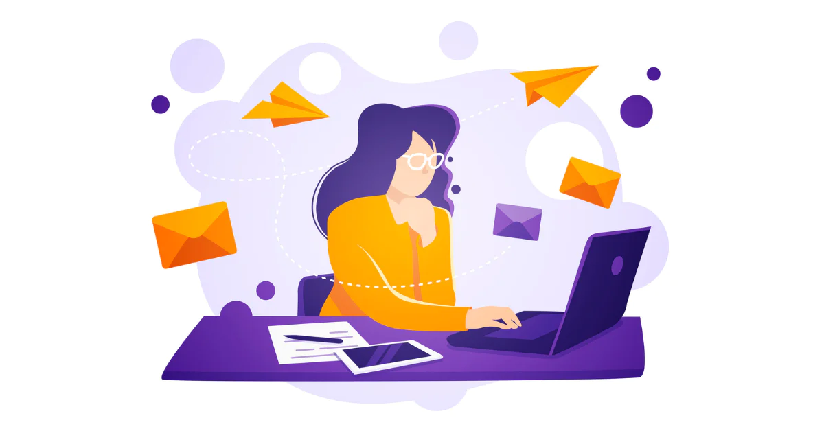 Woman at a desk typing on a laptop surrounded by emails and paper planes, with documents and a tablet on the table.