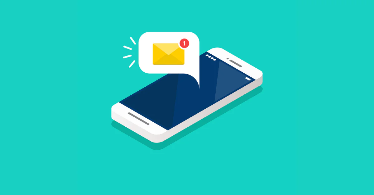 Isometric smartphone showing a new message notification on a turquoise background