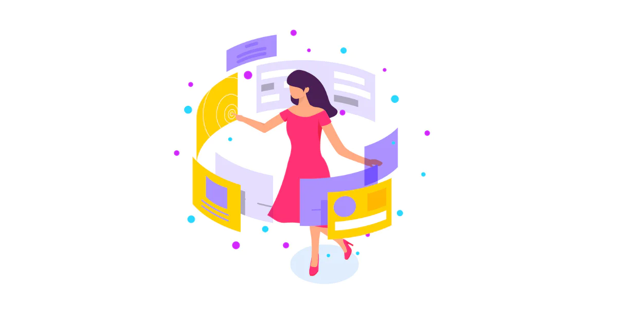 Illustration of a woman in a red dress surrounded by floating virtual interface elements.