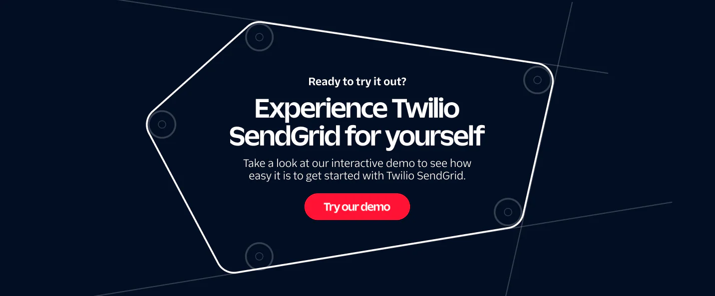 Promotional banner for Twilio SendGrid interactive demo with a call to action button to Try our demo
