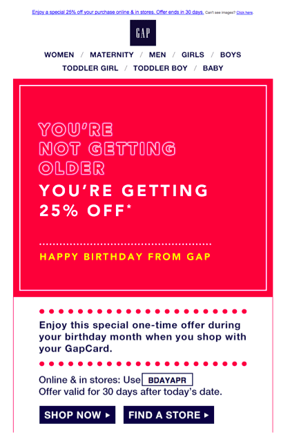 Gap on sale birthday offer