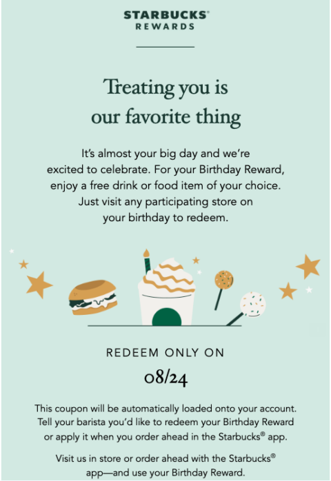 Starbucks birthday email promoting free drink