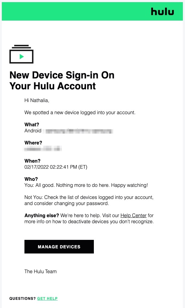account sign in notification email from Hulu