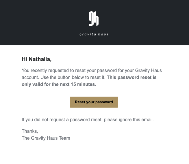 password recovery email from Gravity Haus