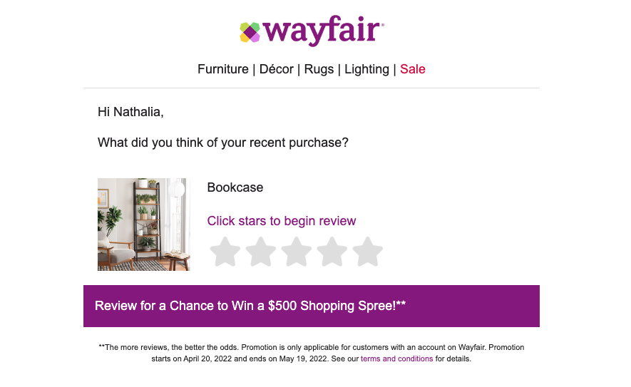 email request for review from Wayfair