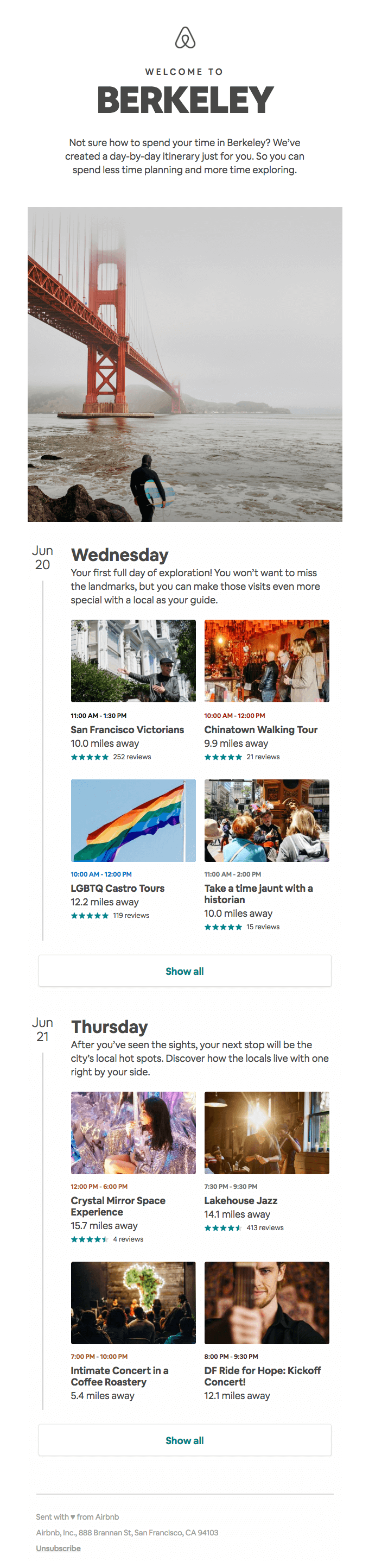 Email from Airbnb containing travel inspiration