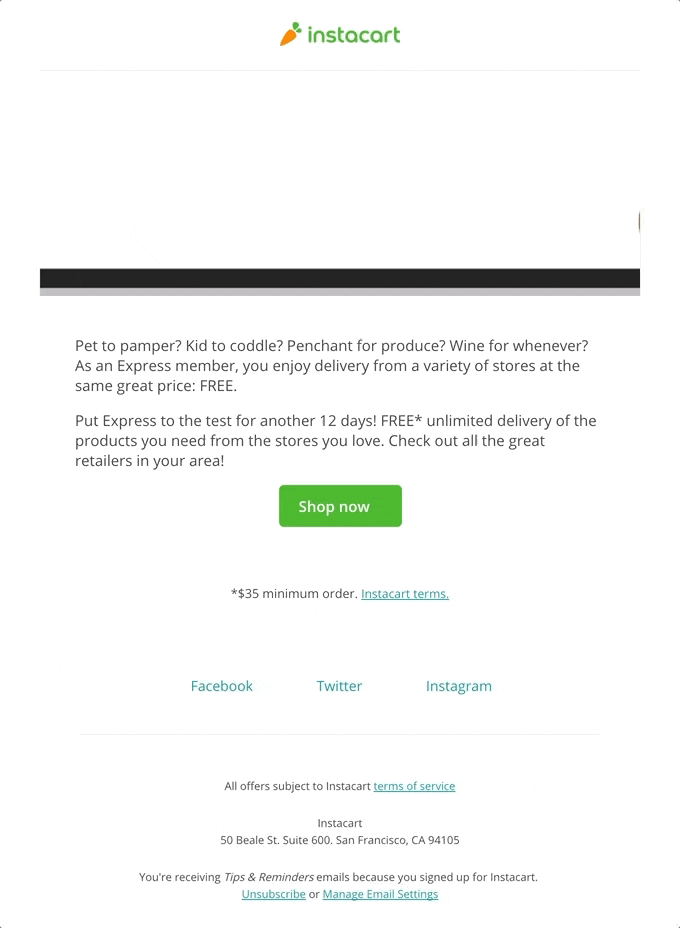 Instacart promotional email with GIF of groceries on a conveyor belt