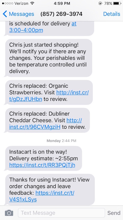 Instacart SMS notifications on iPhone