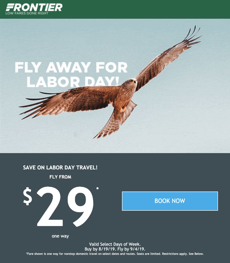 Frontier Airlines Labor Day email example