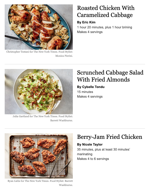 New York Times Cooking newsletter - recipe grid