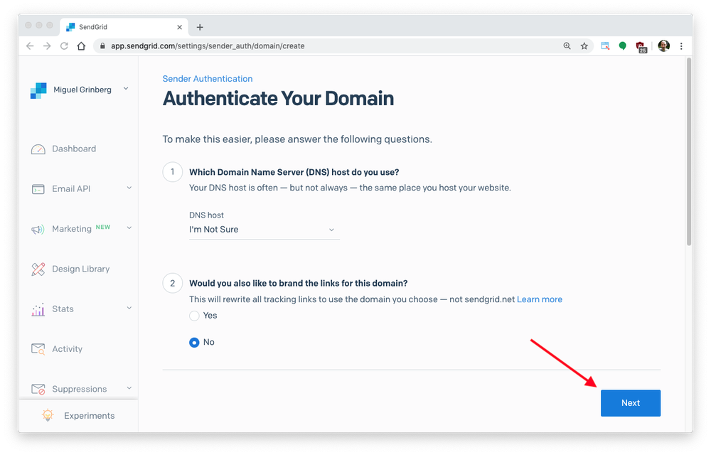 authenticate your domain page