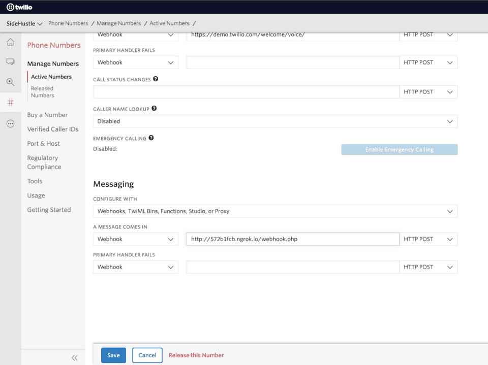 Twilio dashboard displaying connection between webhook URL and Twilio phone number