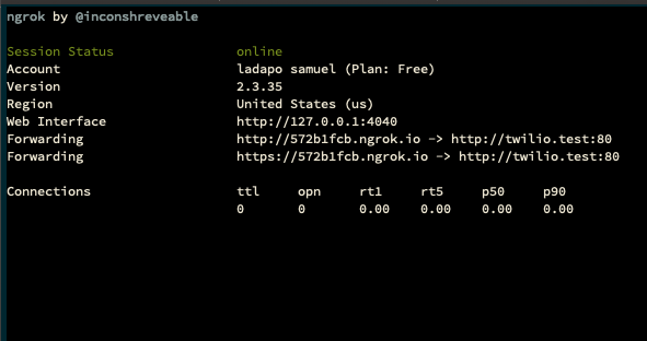 Terminal window displaying ngrok assigned to the active PHP server