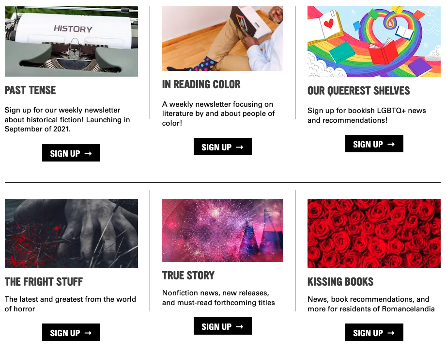 screenshot of book riot newsletter selection page