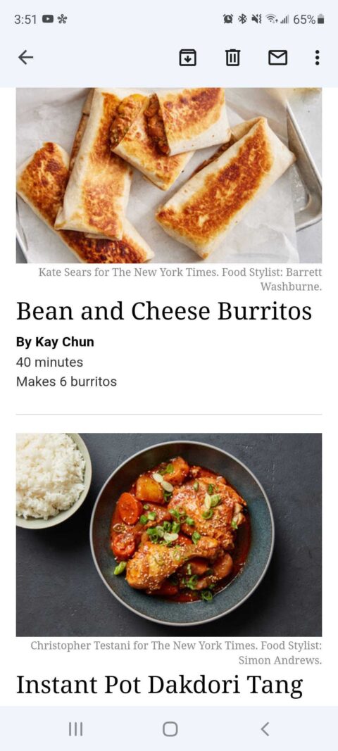 NYT cooking newsletter on mobile