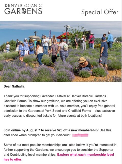 Denver Botanic Gardens retention email