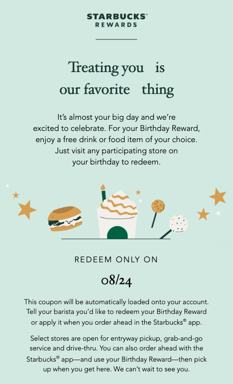 birthday reward email from Starbucks