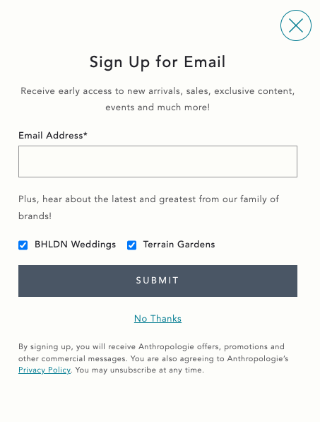 Anthropologie email sign-up form