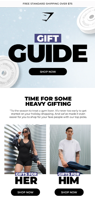 Gymshark email promoting holiday gift guides