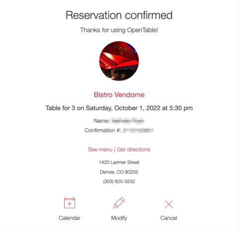 OpenTable reservation confirmation email with personalized details