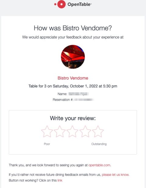 OpenTable follow-up email asking for a review