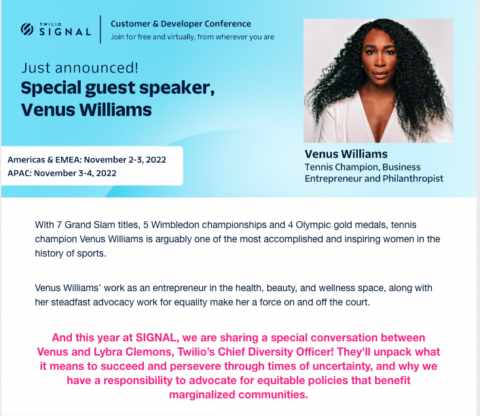 Twilio Signal email announcing guest speaker Venus Williams