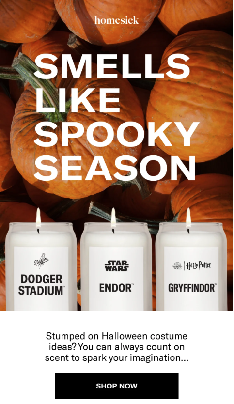 Homesick email promoting candles to inspire Halloween costumes
