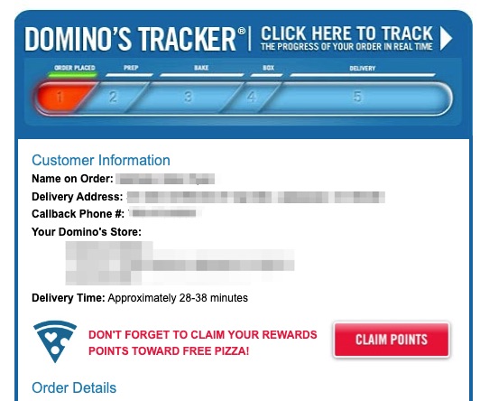 Domino's order confirmation email with link to order tracker