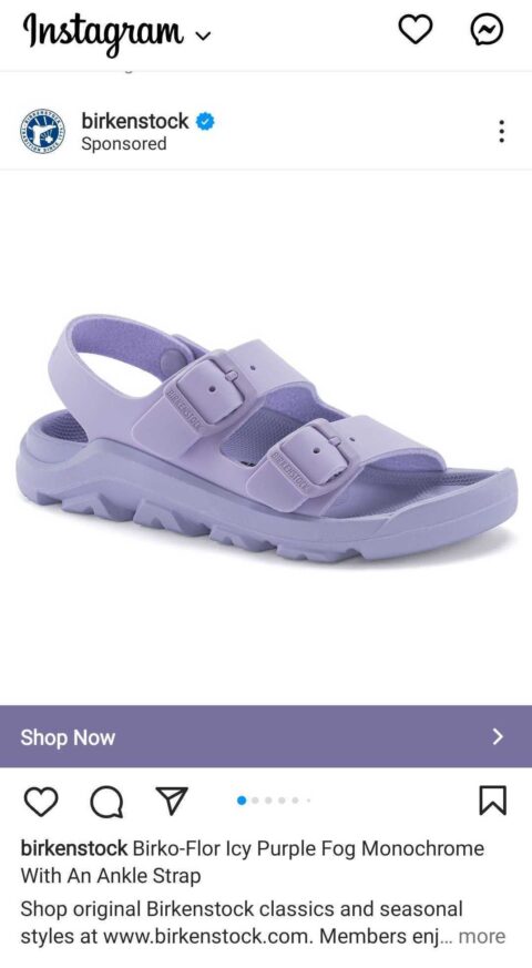Birkenstock Instagram ad featuring purple sandal