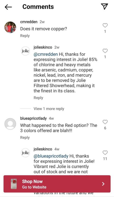 Jolie Intagram ad comments section