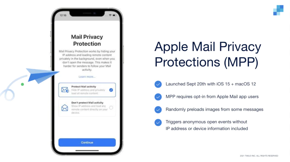A screenshot showing what an Apple user sees when deciding to opt-in or out of Mail Privacy Protection