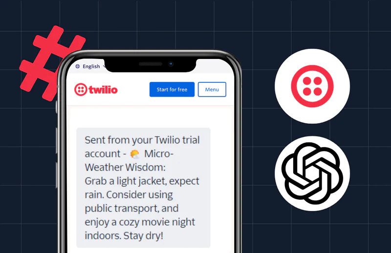 Smartphone showing Twilio trial account message with Twilio, OpenAI, and hashtag logos in the background.