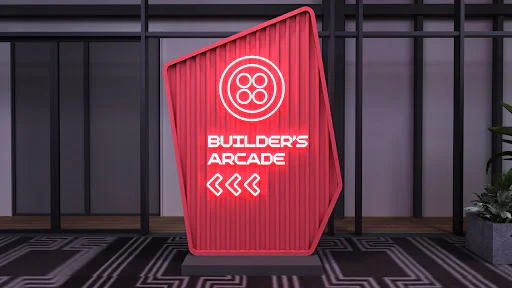 Red neon sign reading Builder's Arcade with decorative lines, displayed against a modern backdrop.