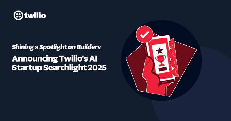 Twilio announces AI Startup Searchlight 2025 with an illustrated spotlight and trophy.