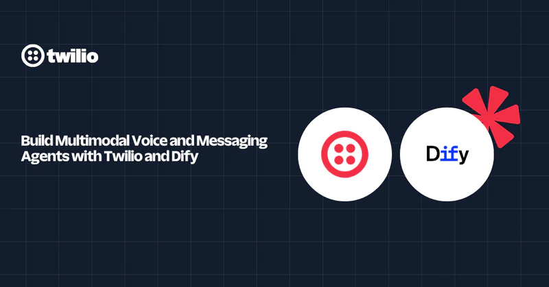Twilio and Dify logos on a grid background with text about building voice and messaging agents.