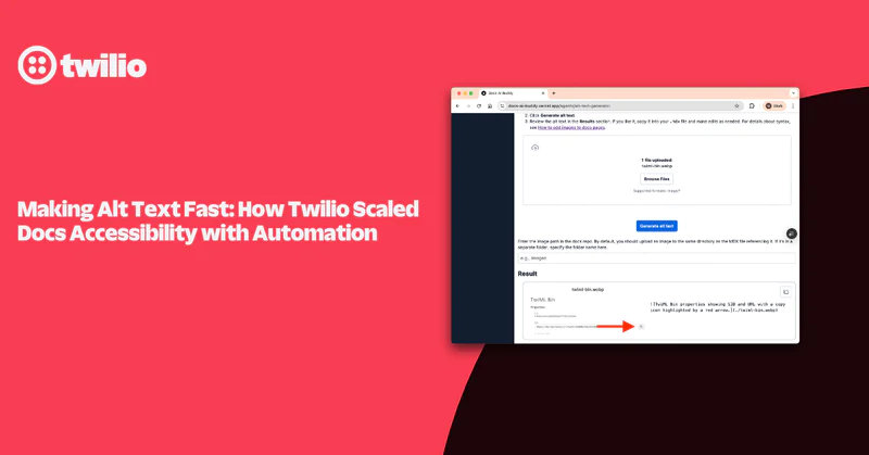 Twilio's accessibility documentation with an arrow pointing to generated alt text.