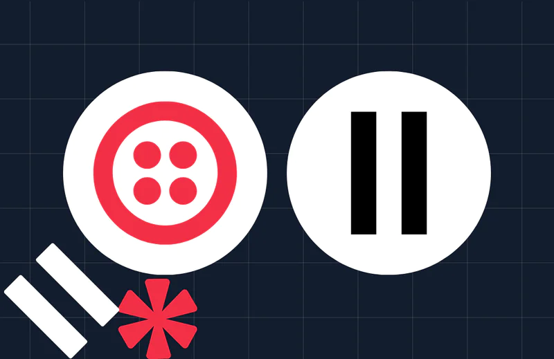 Red button icon and black pause icon in white circles with geometric shapes on dark grid background.