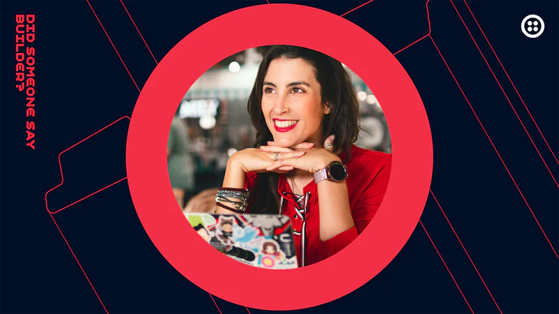 Woman in red smiling with a laptop, surrounded by a red circle graphic.