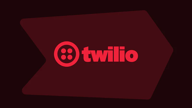 Twilio logo with red button icon and text on a dark maroon arrow-shaped background.